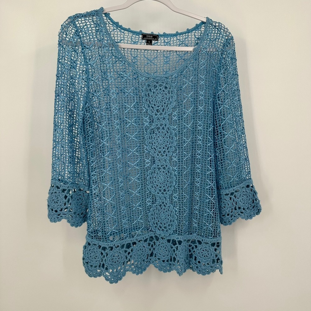 Lisa International Womens Coastal‎ Crochet Top Size S Open Knit Beachy Mermaid
